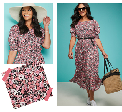 Smock Cuff and Waist Print Viscose Dress